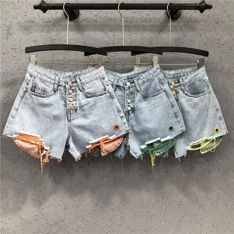 2022 summer new large size high waist loose  contrast  ripped denim shorts women's hot pants  Wide Leg Pants   Casual