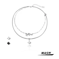 masw women jewelry necklace two layer high quality metal brass silver plated aaa zircon pendant necklace for party gifts