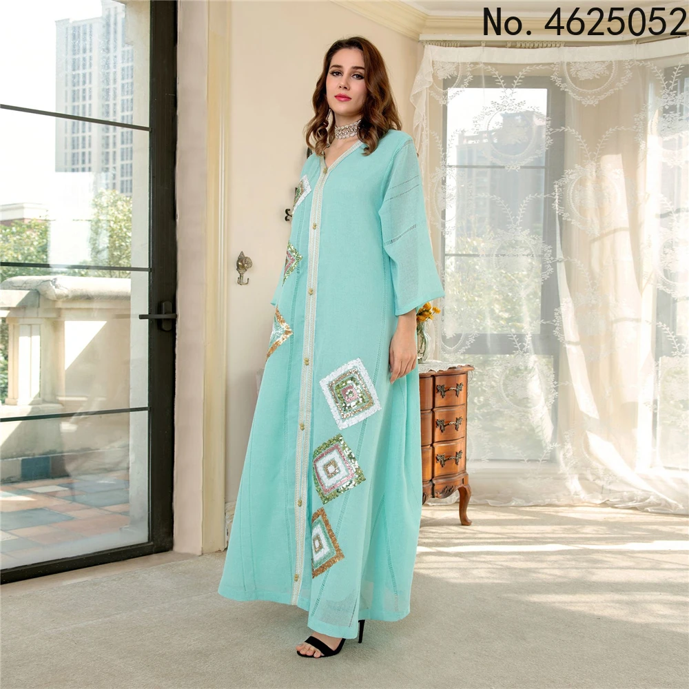 

Abaya Muslim Cotton And Linen Temperament Four-sided Beaded Embroidered Skirt Loose Skin Color Fashion Women Robe 2022