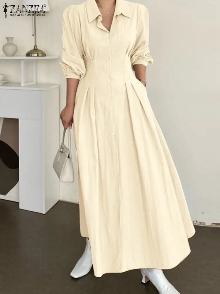 

2022 Women Casual Long Sleeve Maxi Dresses ZANZEA Autumn Pleated A Line Sundress Solid Lapel Neck Shirt Dress Party Robes Femme