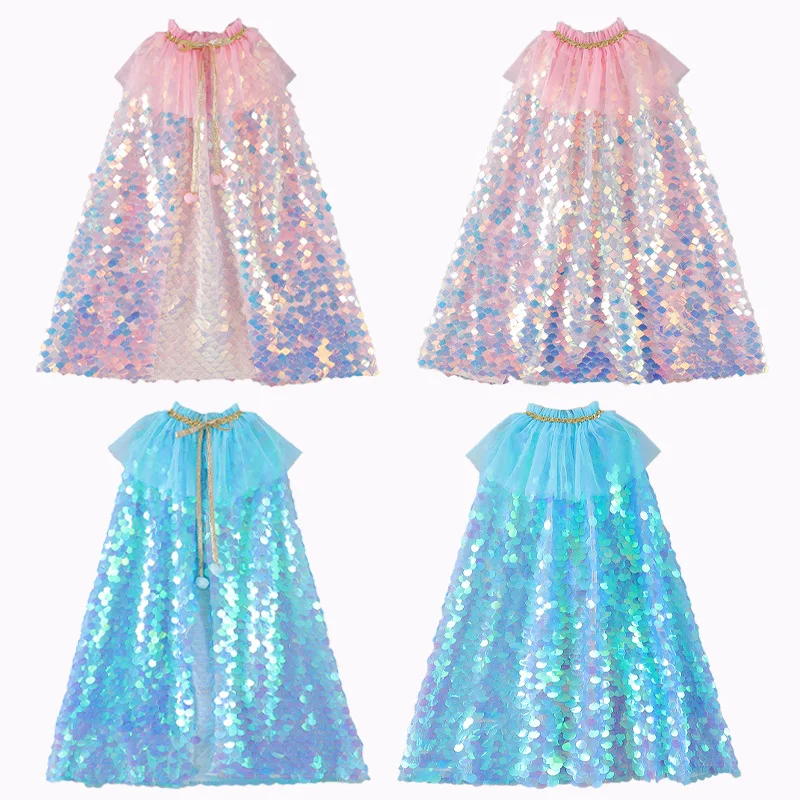 

Flashing Sequins Cloak 2023 New Girls Halloween Mermaid Dress Up Shining Capes Party Princess Girls Performance Cloak Christmas