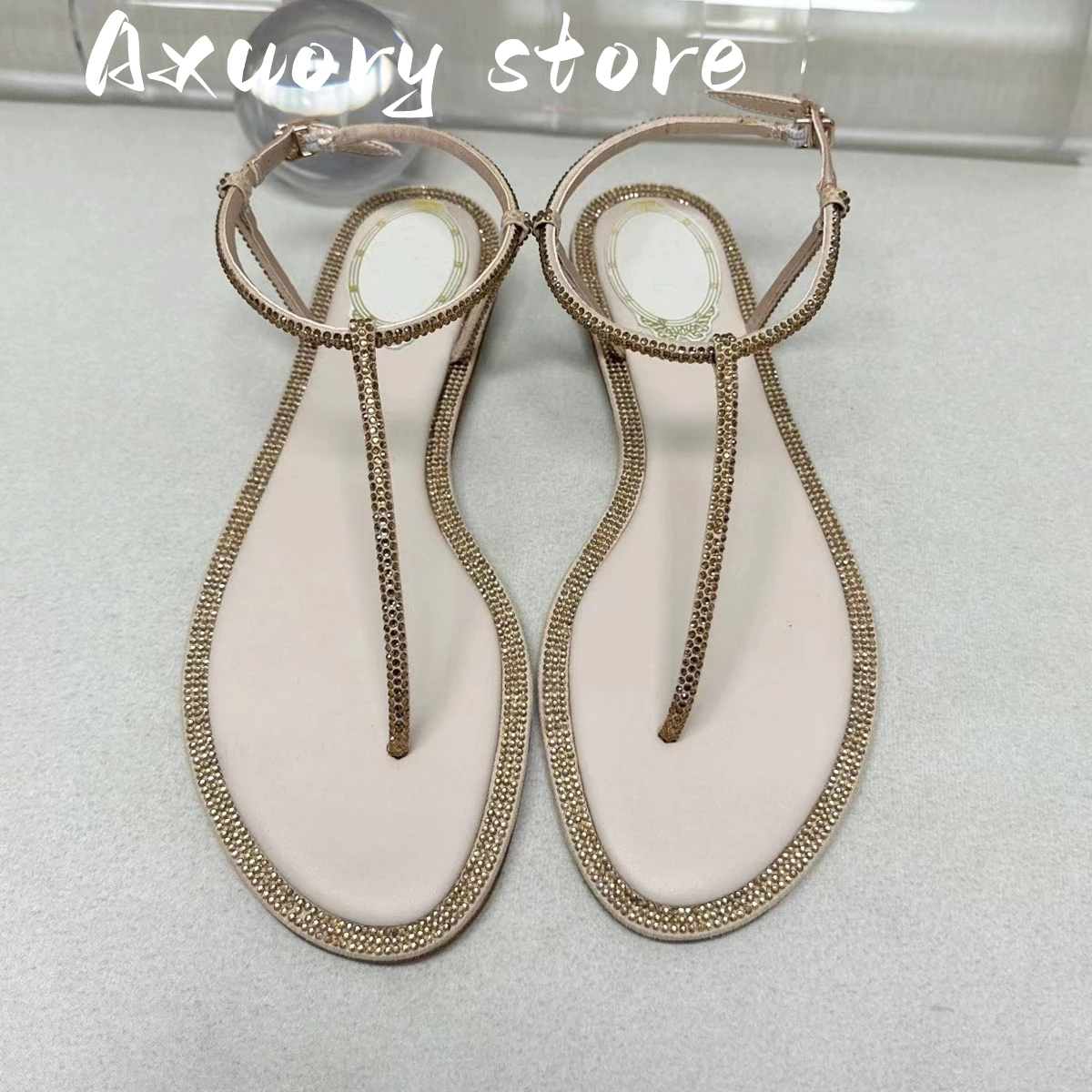 New Black Genuine Leather Toe Crystals Sandals Leisure Beach Flats Rhinestones Shoes For Women Fashion