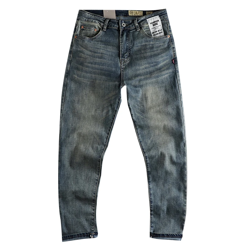 Pocket patch American retro old washed blue jeans men's fit small straight joker four seasons green trousers