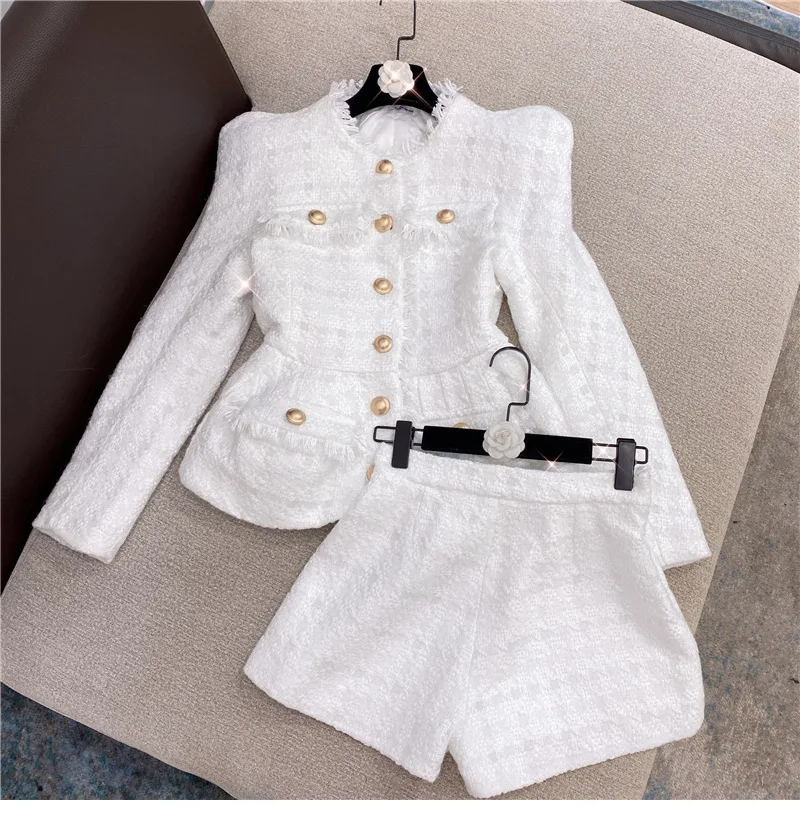 

N GIRLS New Fall / Winter Small Fragrance White Bright Silk Tweed Jacket Jacket High Quality Shorts Suit Two Piece O161