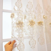 european style luxury pearls embroidered embossed tulle curtain for living room flowers rope embroidery sheer drapes for bedroom