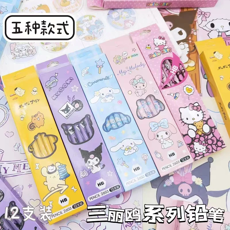 

Sanrio Hello Kitty Pencils Kawaii Kuromi Melody Cinnamoroll Pom Pom 12pcs HB Student Writing Pencils School Supplies Kids Gifts