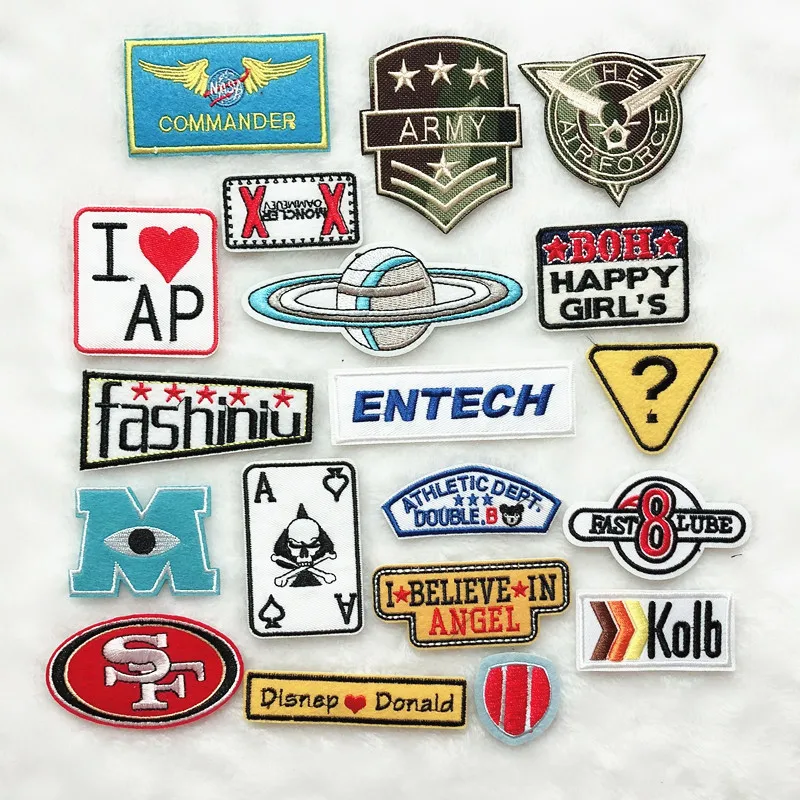 

100pcs/lot Fashion Embroidery Patch Letter Space Army Poke Fun Strange Things Clothing Decoration Accessory Craft Iron Applique