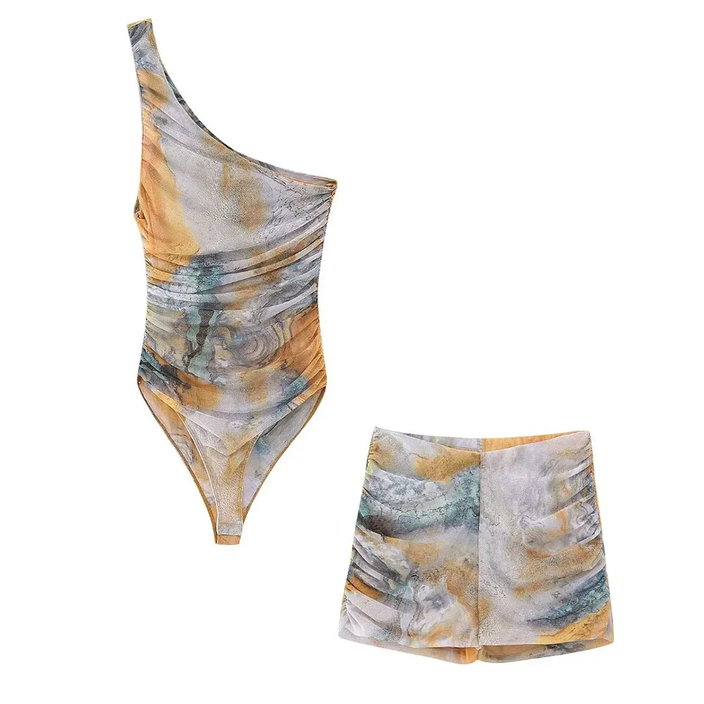 

Женский комплект летней одежды PB & ZA, асимметричное Плиссированное Шелковое Сетчатое боди + шелковые сетчатые шорты, новинка 2023