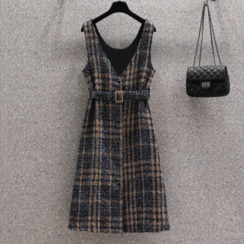 

Loose Oversized 4XL Women Dresses Sets Autumn Winter Knitted Sweater Top + Wool&Blends Sleeveless Overall Dress 2-Piece