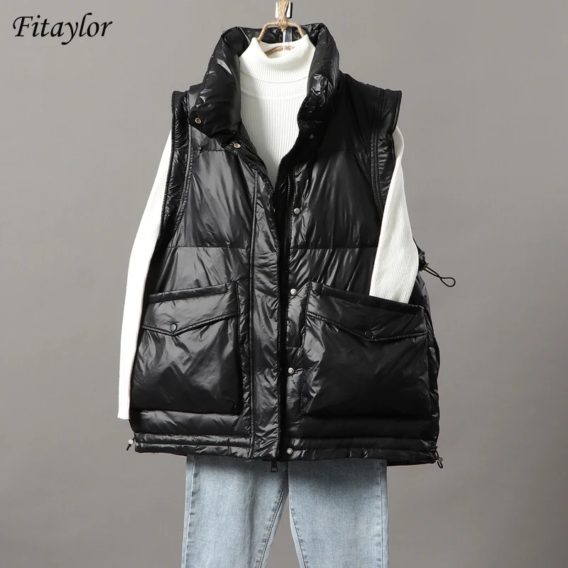 Winter New Ultra Light Loose Vest Jacket Women 90% White Duck Down Stand Collar Coat Hem Retractable Solid Color Vest