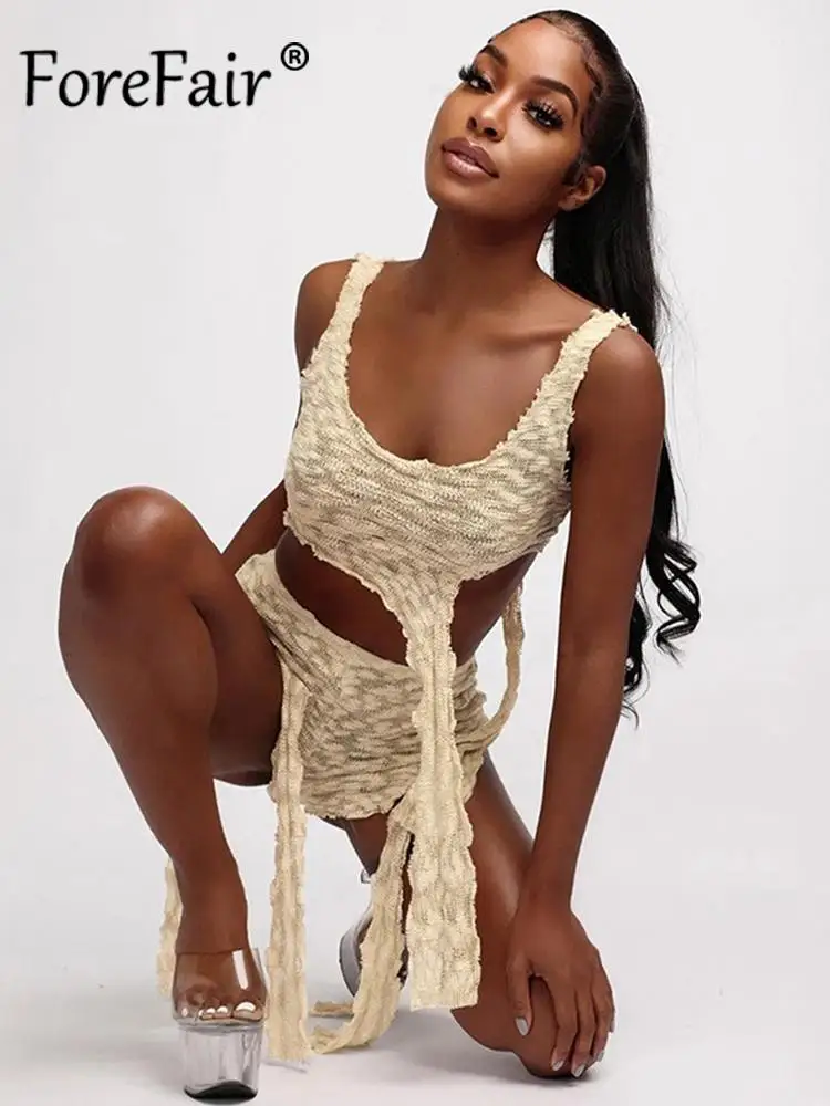 

Комплект Forefair Женский трикотажный асимметричный, пикантный Топ без рукавов с открытыми плечами и шорты с разрезом, повседневный клубный ве...