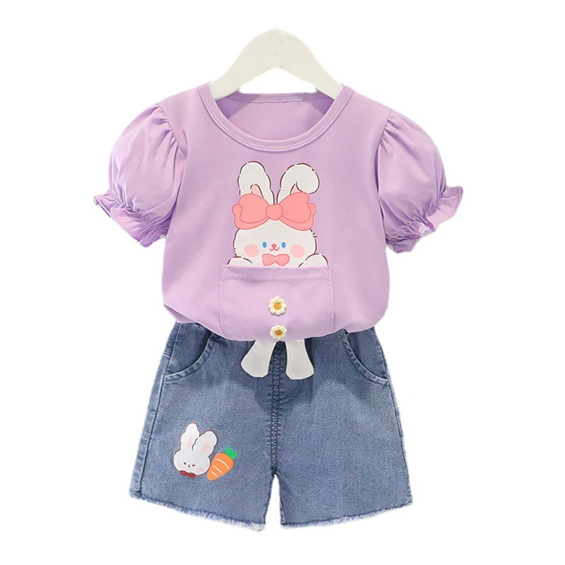 

LZH Children Clothes 2022 Summer New Cute Cartoon Toddler Girls Clothing Sets For Kids T-Shirt Short Suit Casual Outfit 1-5 Year