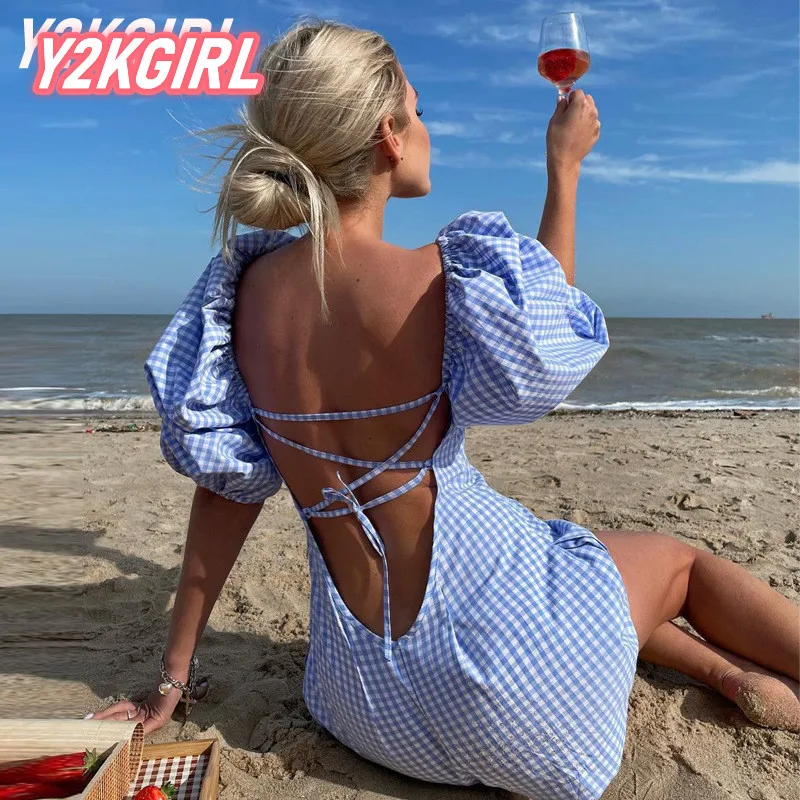 

Y2KGIRL Plaid Elegant Mini Dress Women Chic Puff Sleeve Square Collar Summer Sundress Holiday Birthday Sexy Backless Dresses