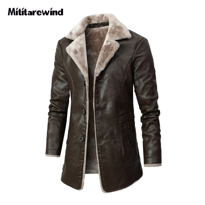 

Autumn Winter Motorcycle Jacket Men Outdoor Fashion Mid-long Warm Fur and Leather Jacket Men Single Breasted Dad Leather Coat