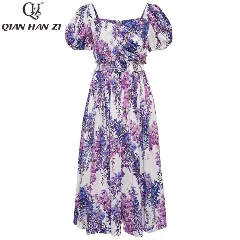 

Qian Han Zi 2022 Designer Fashion 100% Cotton Summer Dress for women purple lilac printing elastic waist vacation elegant dress
