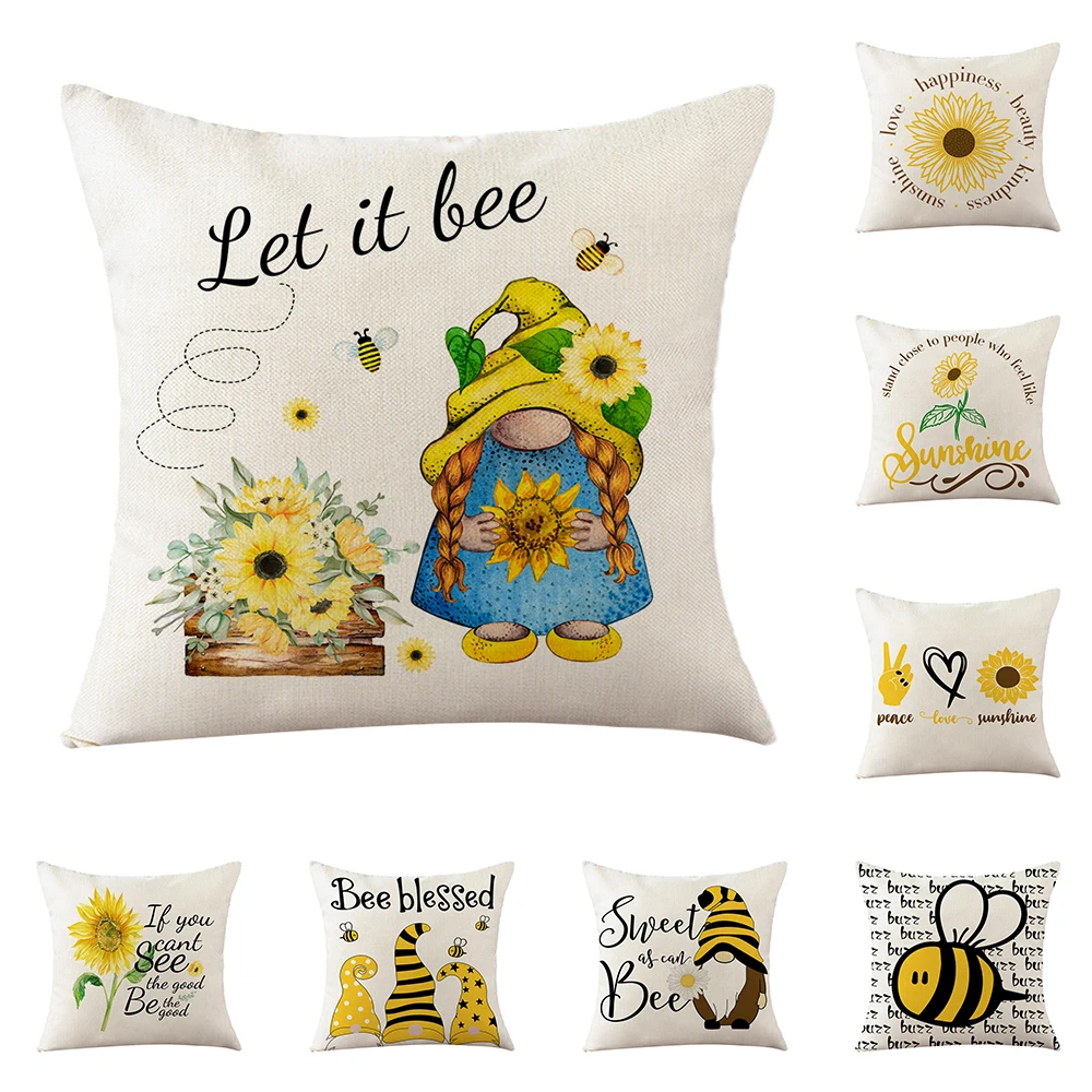 

Bee Happy Cushion Cover Sunflower Decorative Office Sofa Pillow Case Nordic Style Home Decor Linen Throw Pillow Cover 45x45cm