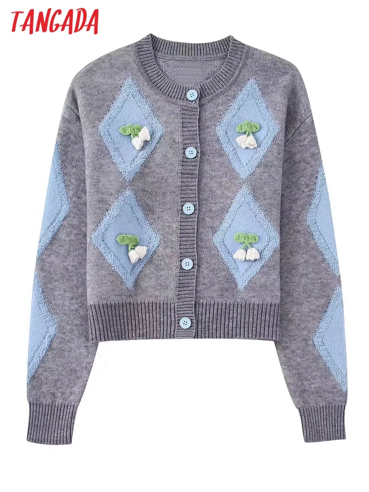 

Женский вязаный кардиган с вышивкой Tangada, джемпер на пуговицах, BE193, 2022