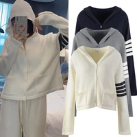 autumn and winter new tb four bar knitted sweater sweater pocket cardigan men and women with the same loose trend hooded