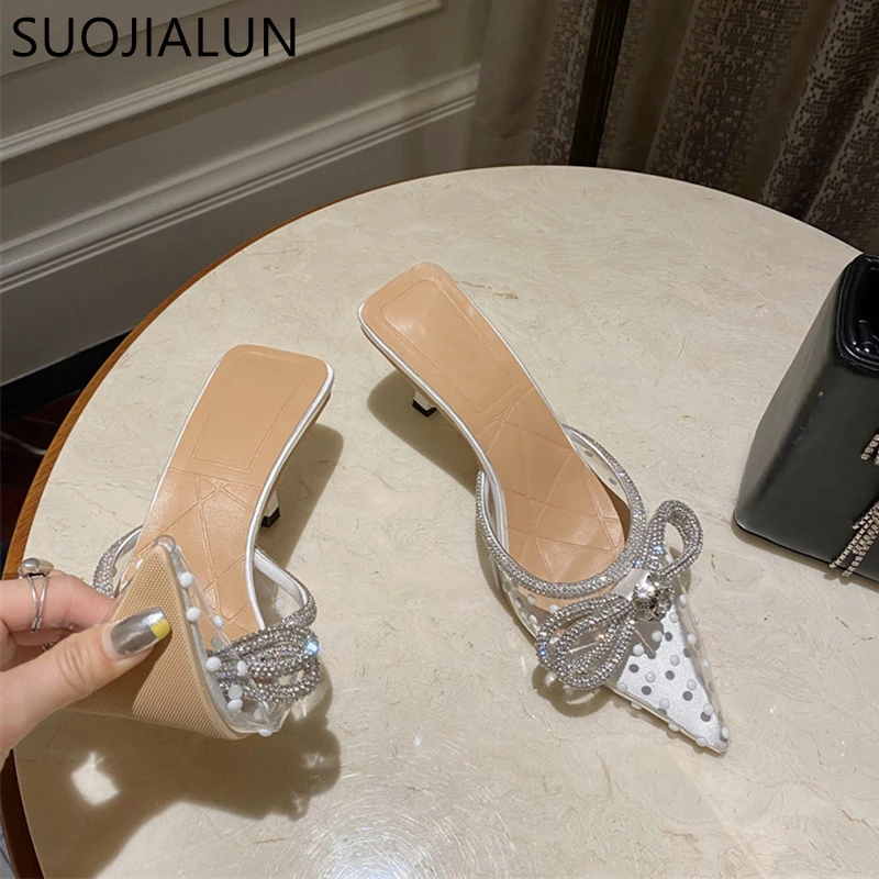 SUOJIALUN 2022 New Spring Women Slipper Bling Crystal Bow-knot Pointed Toe Slip On Mules Shoes Thin High Heel Ladies Sandal Shoe
