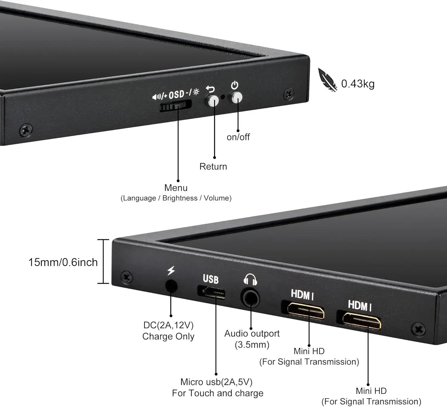 Wisecoco 12 6 дюймовый вторичный экран IPS сенсорный монитор растянутый Бар ЖК-дисплей