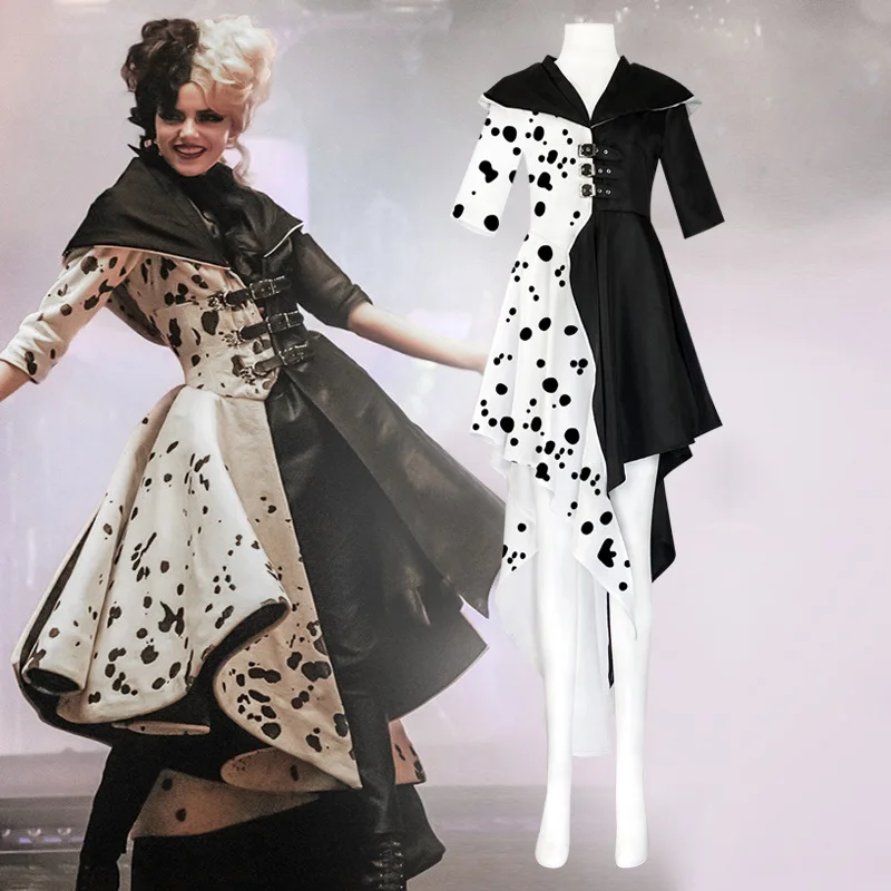 

2021 New Movie Evil Madame Cruella De Vil Cosplay Costume woman Gown Black White Maid Dress Halloween Party dress with cloak wig