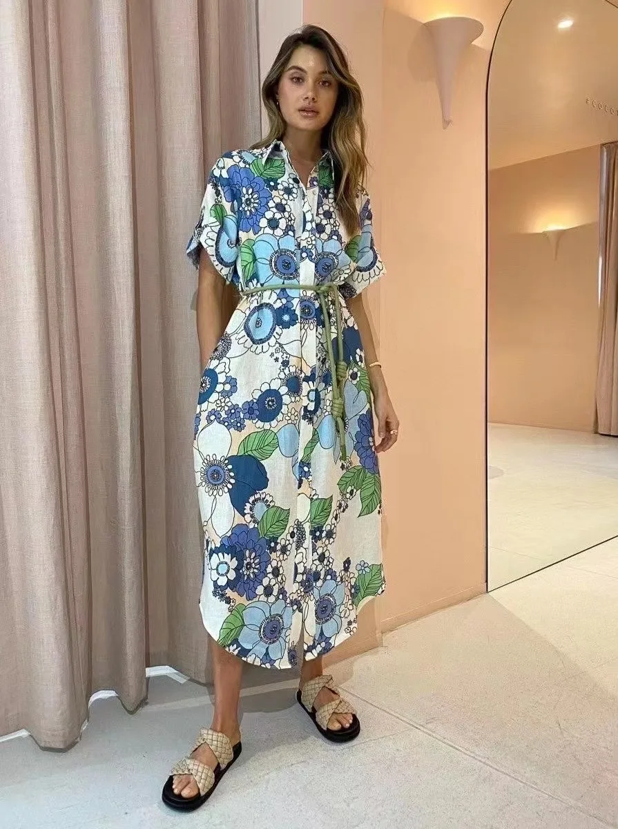 

Женское Повседневное платье с коротким рукавом, поясом и отложным воротником