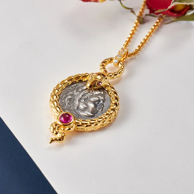

Byzantine Solid Silver Ruby Serpent Greek Antique Coin Replica Pendant 18K Gold Tone Roman Snake Necklaces C11N3S26057