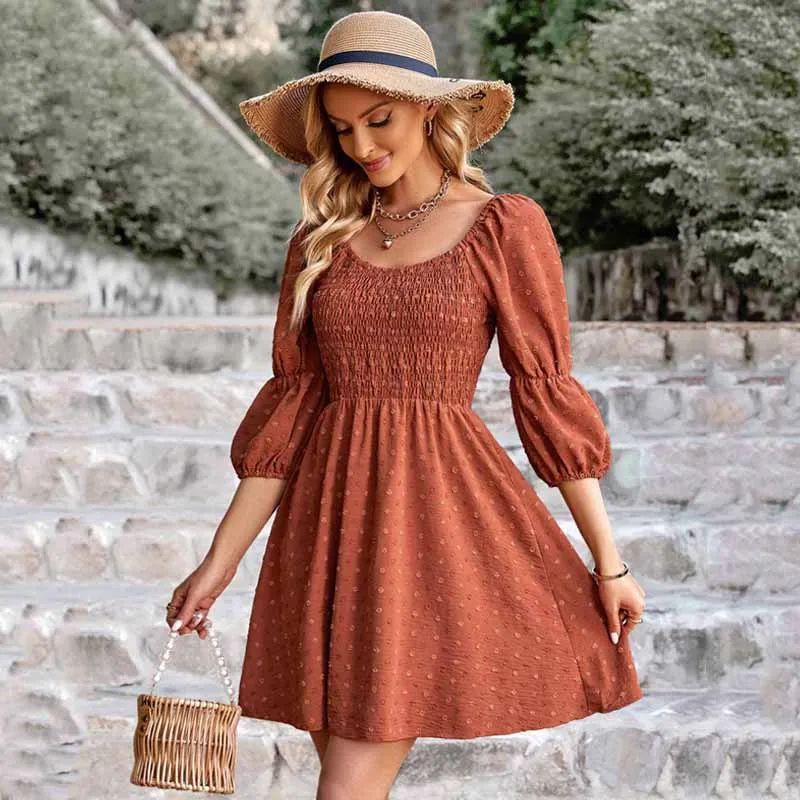 

Summer Women Chiffon U-Neck Polka Dot Short Dresses Elegant Lantern Sleeve Sexy Ruffles Holiday Beach Party Evening Dresses Robe