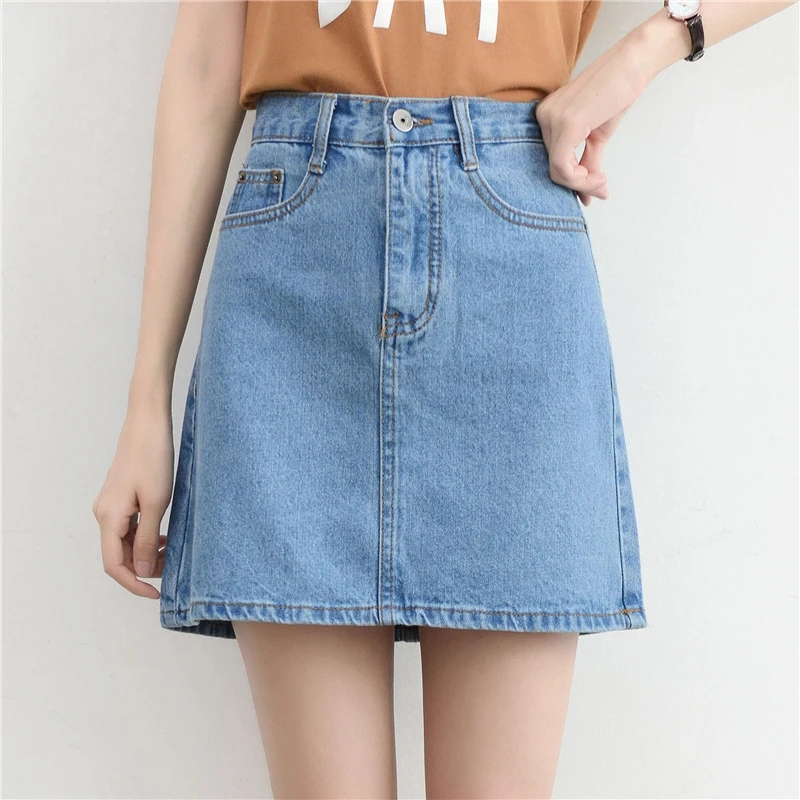 

High Waist A-Line Denim Mini Short Skirt College Style Solid Color Slim Zipper Button Flare Hem Jeans Bottoms