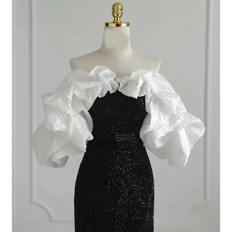 

Luxury Patchwork Black Slim Mermaid Evening Dresses Slash Neckline Strapless Glitter Sequined Vintage Party Gown Female Clothing