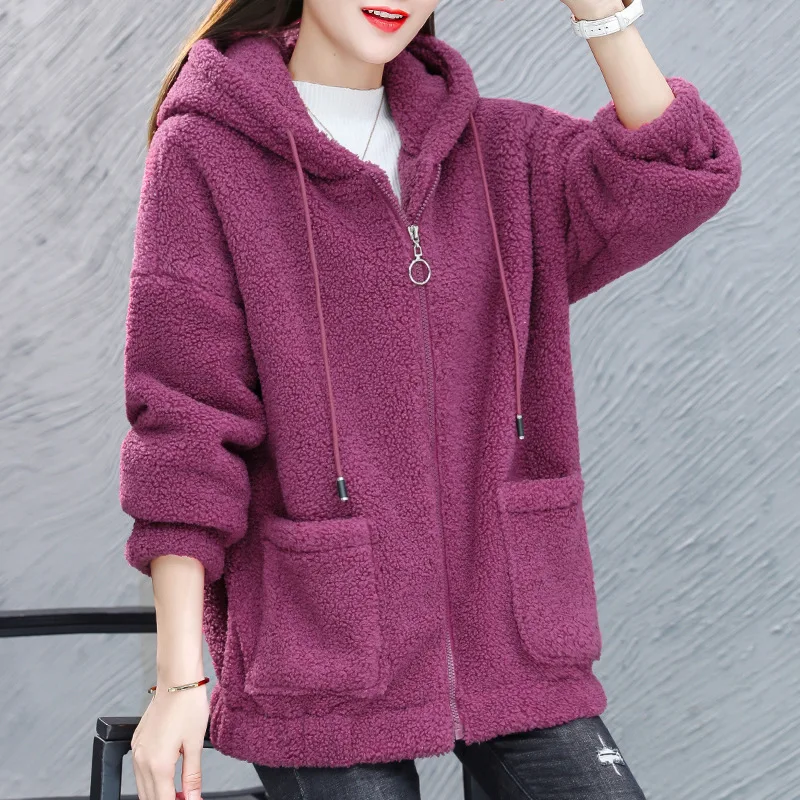 Lamb Cardigan Hoodie Women's Spring Autumn Medium Length Thickened Velvet Coat winter Thick Loose Large Size tops