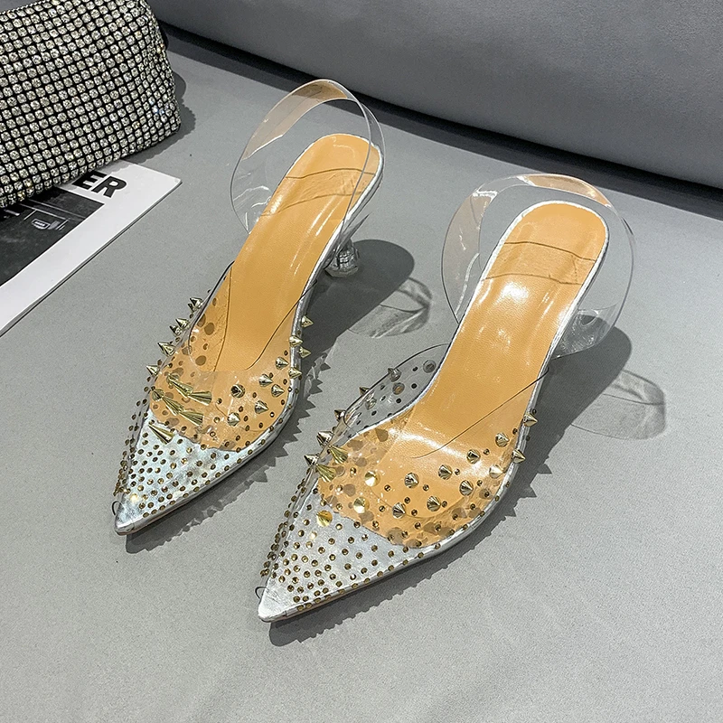 

New Rivet Diamond Transparent Pointed Toe Pumps Strange Heels Female Cover Heel Party Wedding Ladies Plus Size 35-41