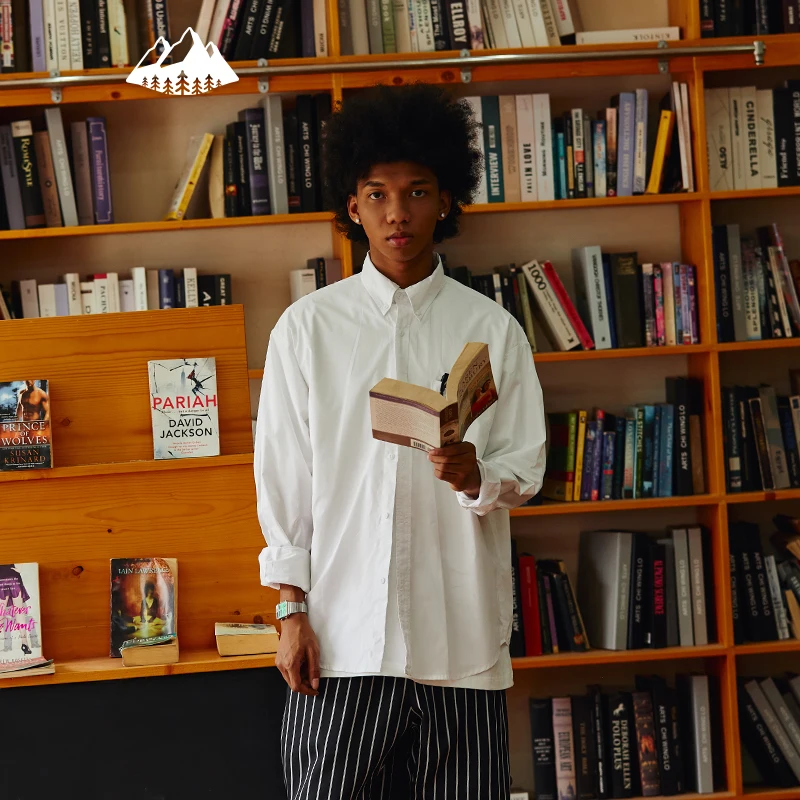 

INFLATION Harajuku White Long Sleeve Shirts Man Urban Style Oversized Shirts Male Spring Casual 100% Cotton Workwear Shirts