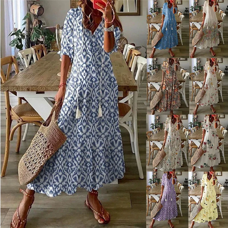 

Женское винтажное платье с принтом, длинное повседневное пляжное платье с V-образным вырезом и рукавом до локтя, лето 2023