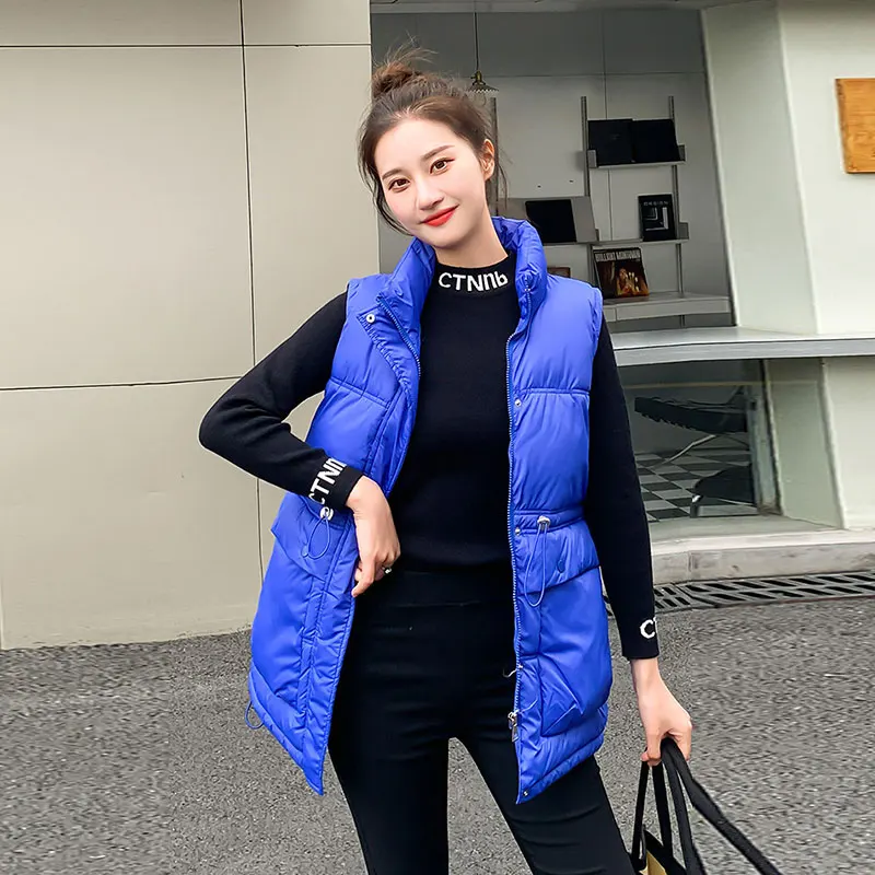 

Корейский пуховой хлопковый жилет для женщин с большими карманами, утепленный зимний Приталенный жилет без рукавов, куртка с воротником-ст...