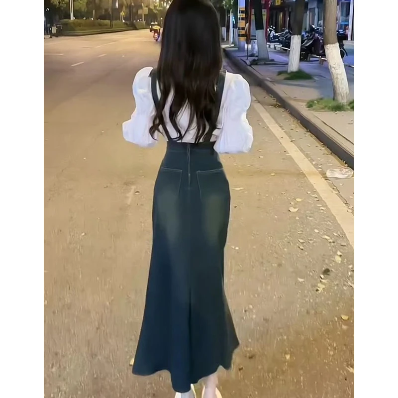 Женский винтажный джинсовый костюм-двойка белая блузка-рубашка с