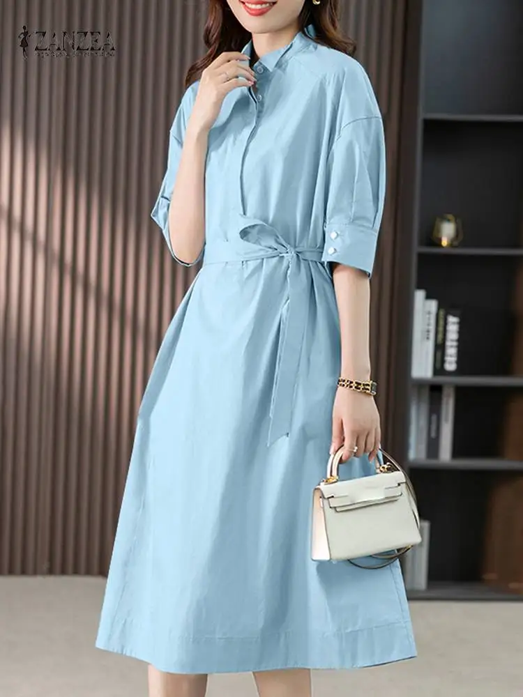

ZANZEA Fashion Lapel Neck Dresses For Women Half Sleeve Work Sundress Casual OL Shirt Dress Solid Loose Holiday Vestidos Sarafan