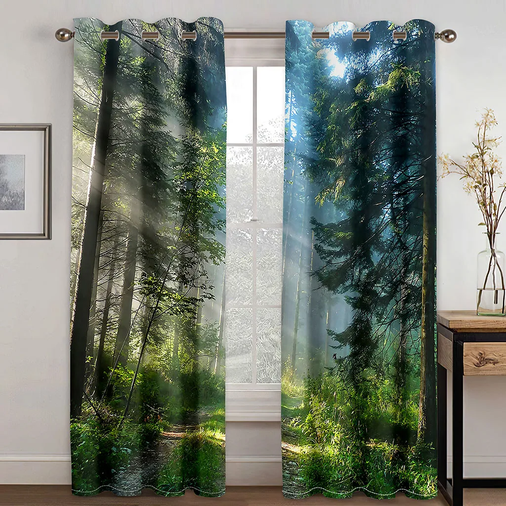 

Forest Maple Leaf Natural Scenery Sunset Green Trees Modern Thin 2 Pieces Curtains for Living Room Bedroom Window Drape Decor