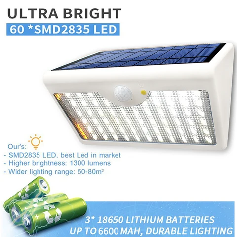 Солнечный светильник настенный 60LED белый 1300lm