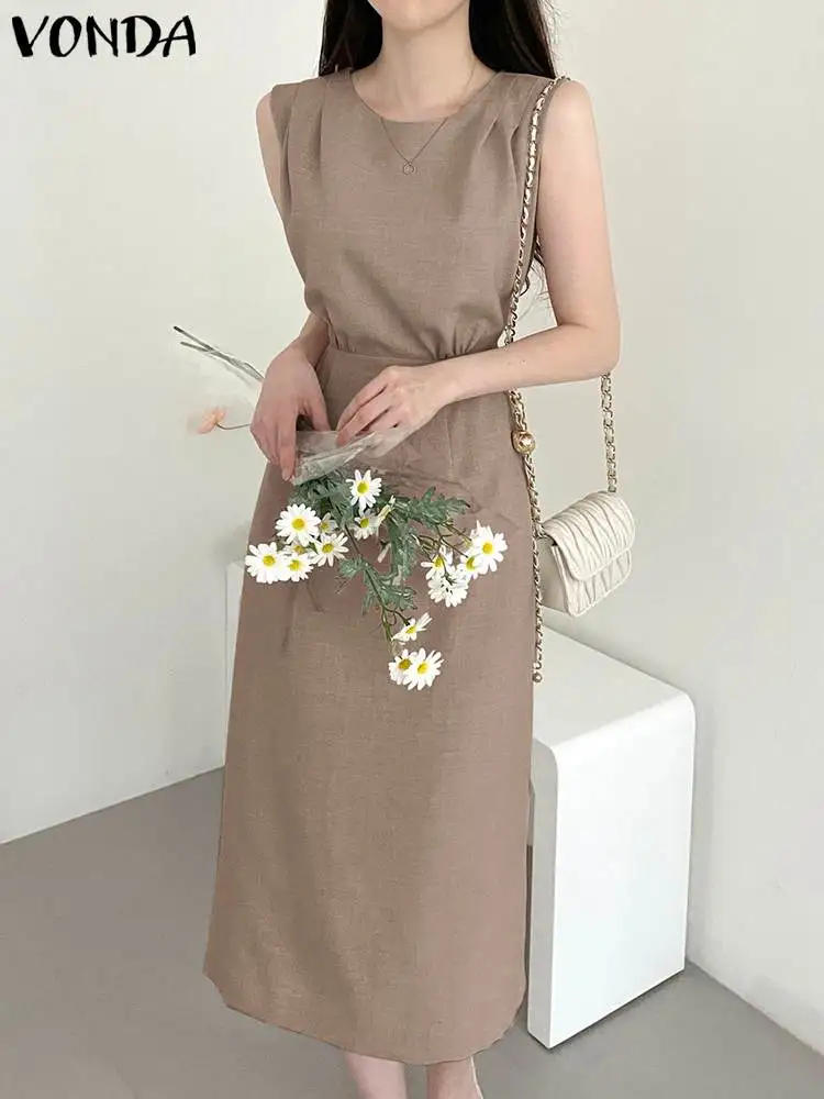 

2023 VONDA Летнее Длинное Платье-рубашка, женский сарафан без рукавов, элегантный однотонный плиссированный Повседневный свободный сарафан большого размера