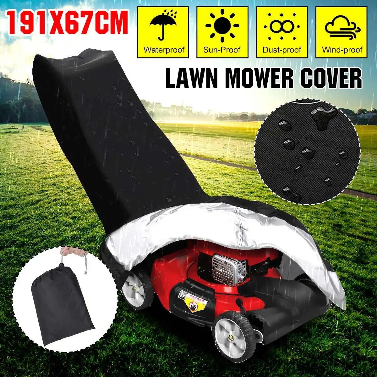 

75.2IN x 26.4IN 210D Waterproof Dust Rain Proof Outdoor Garden Sunscreen Tractor Hand Push Type Lawn Mower Protective Cover