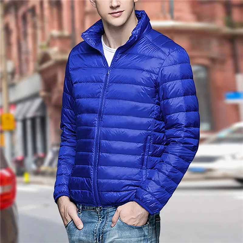 Осенне-зимняя легкая мужская куртка с вертикальным воротником и капюшоном