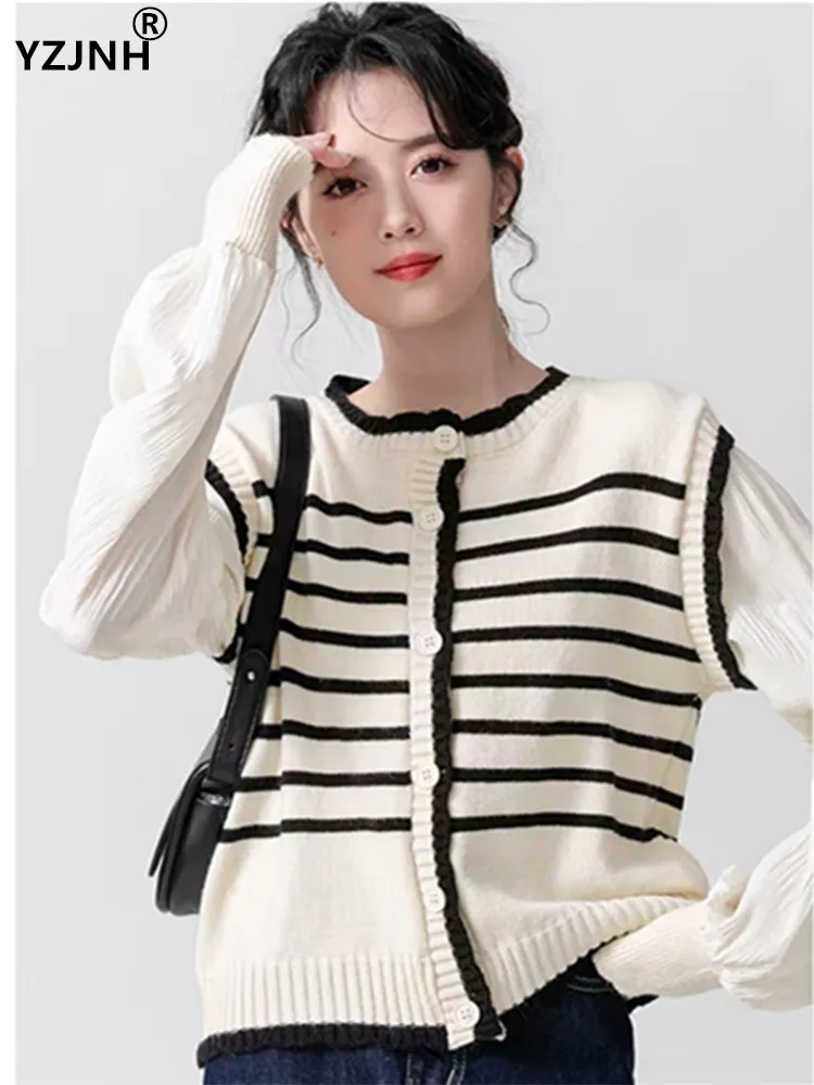 

Новинка осени 2023, женский свитер YZJNH с пузырьковыми рукавами, свободный, в полоску, простой, милый, вязаный, в ленивом стиле