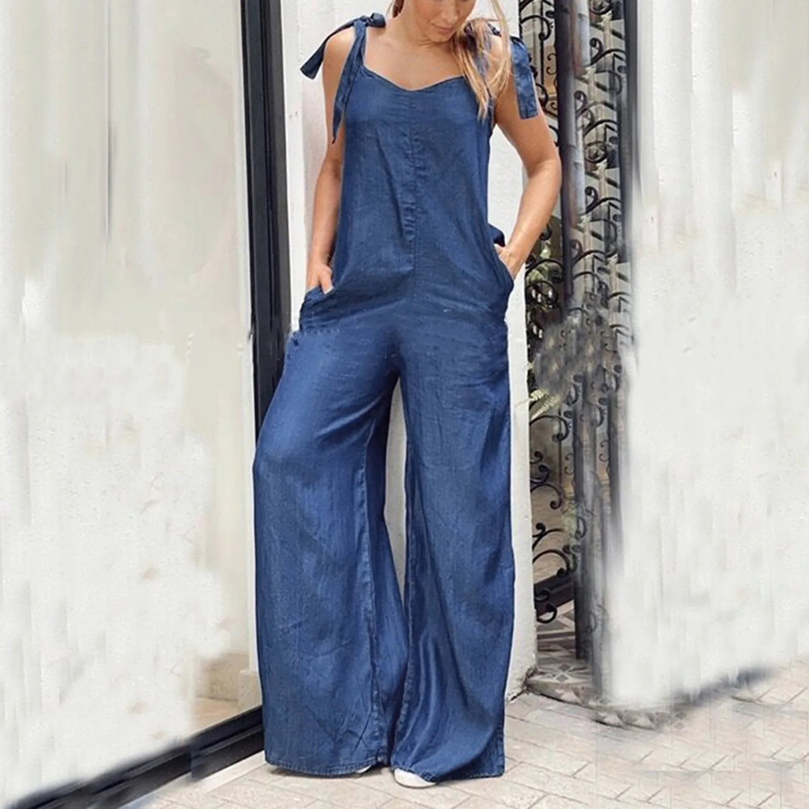 

Women Solid Color Denim Sleeveless Loose-Fit Wide-Leg Casual Jumpsuit Pants Pocket Playsuit Long Jumpsuit Women Suspender Romper