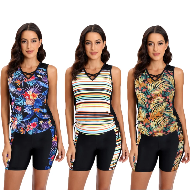 

Новый женский костюм для серфинга из двух частей, дышащий купальник без рукавов с принтом, спортивный бассейн, лоскутный консервативный купальный костюм