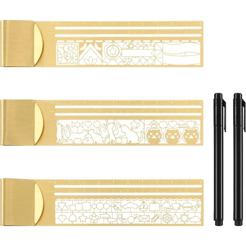 Фото Набор латунных зажимов M12K (3 шт.) с 2 тонкими ручками, для трафаретов для планеров и дневников (3 узоров), декоративный аксессуар для блокнотов №1