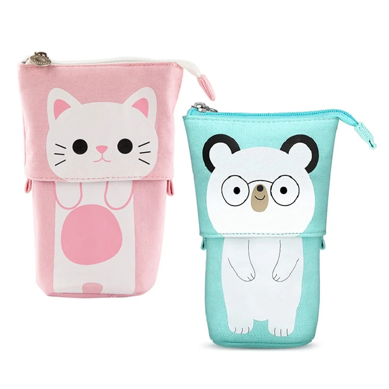

ANGOO 2 Pack Standing Pencil Case Cute Telescopic Pen Holder Kawaii Stationery Pouch For Students Women Teens Girls Boys