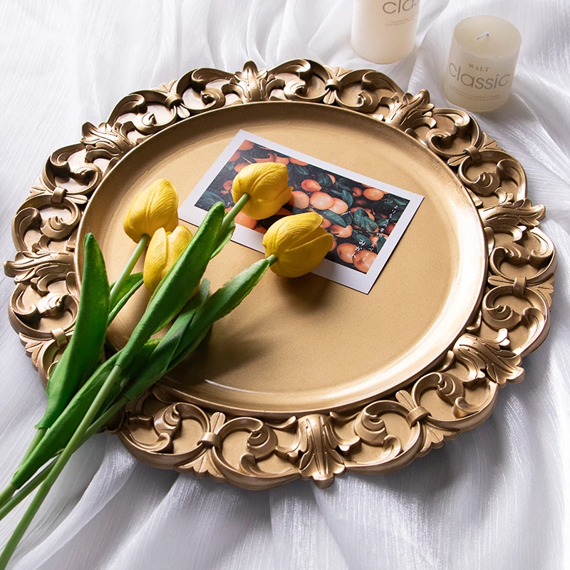 

Retro Round Gold Storage Tray Jewelry Display Plate Desktop Cosmetics Organizer Dessert Cake Tray Home Wedding Party Decor