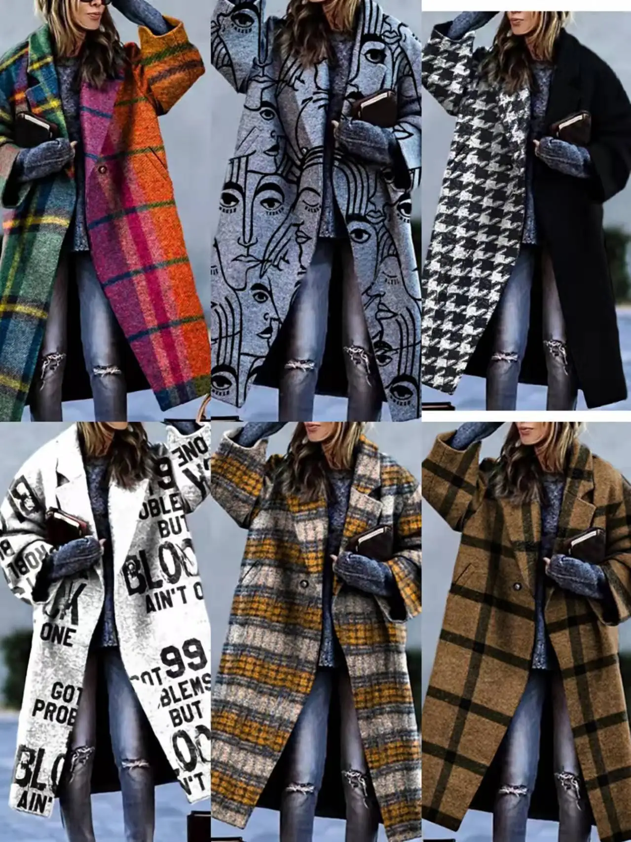 

Winter Clothes Women's Color Blocking Plaid Long Sleeve Lapel Coat Printed Dragon and Phoenix Woolen Coat Casual Street Clothes