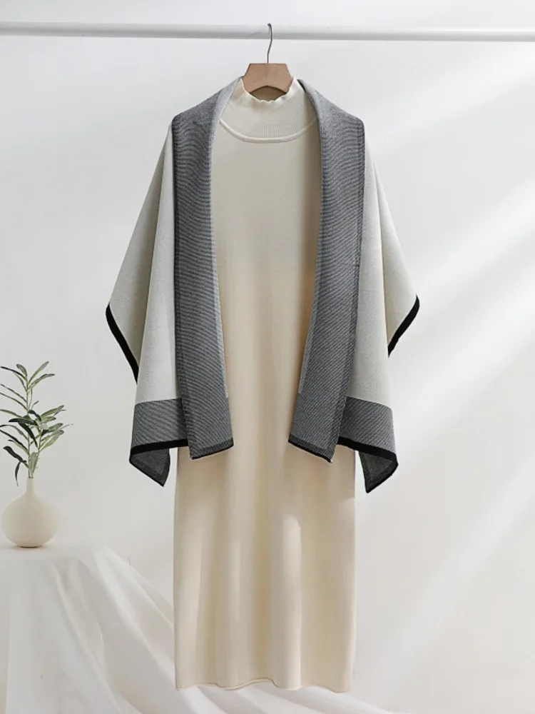 

Модный вязаный комплект, осень 2023, утолщенная теплая накидка в Корейском стиле, цветная большая шаль + однотонное вязаное платье, женские комплекты